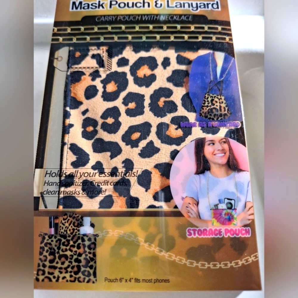 Mask Pouch & Lanyard Carry Pouch  29-inch Gold-Tone Lanyard Chain Chettah Print